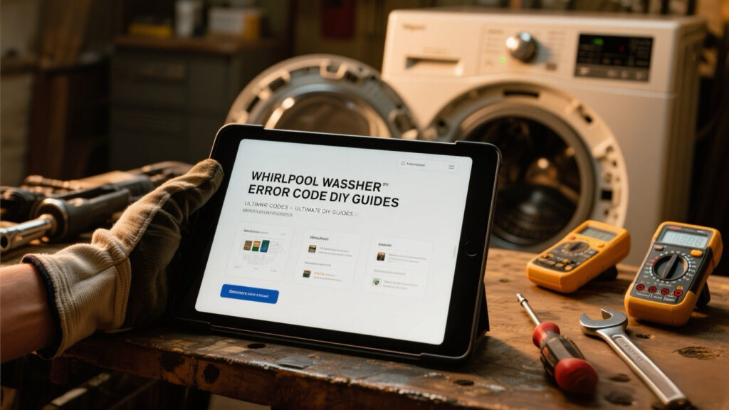 Professional Whirlpool washing machine error code DIY repair guide with tools and tablet