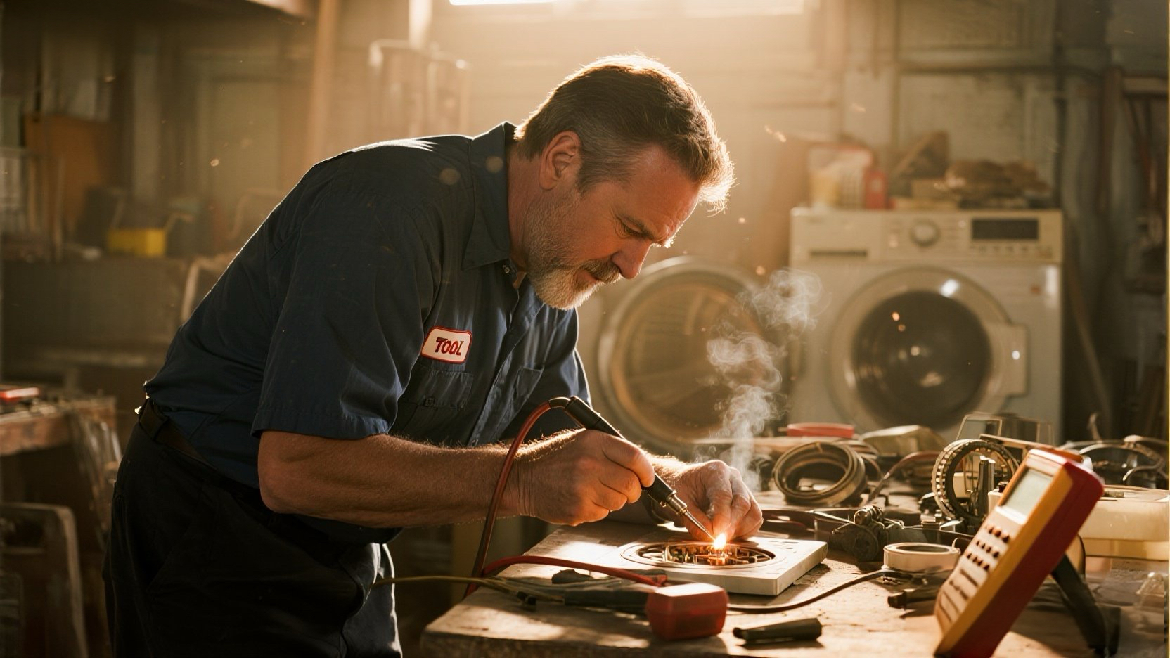 Steve Johnson fixing an appliance in his workshop