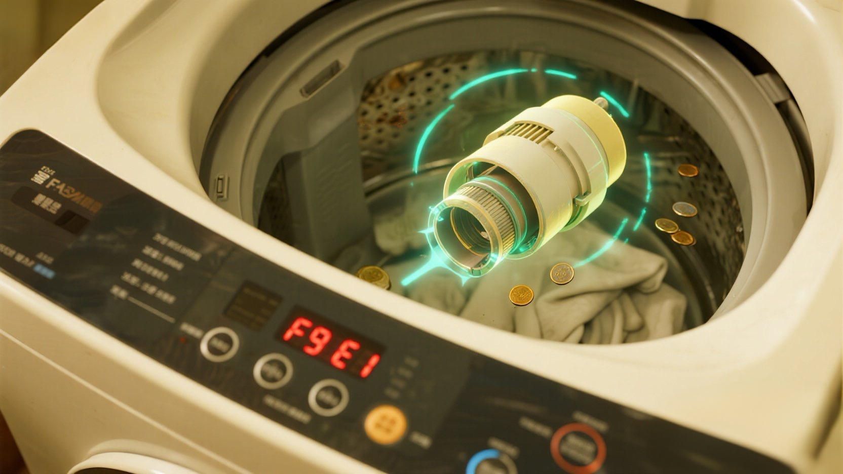 Visual guide for Whirlpool F9 E1 error, showing stagnant water and the location of the clogged drain pump assembly.